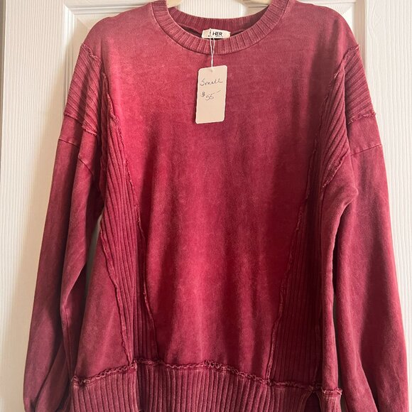 NWT - J.Her Burgundy Mineral Wash Terry Knit Sweater Sweatshirt - Picture 3 of 4
